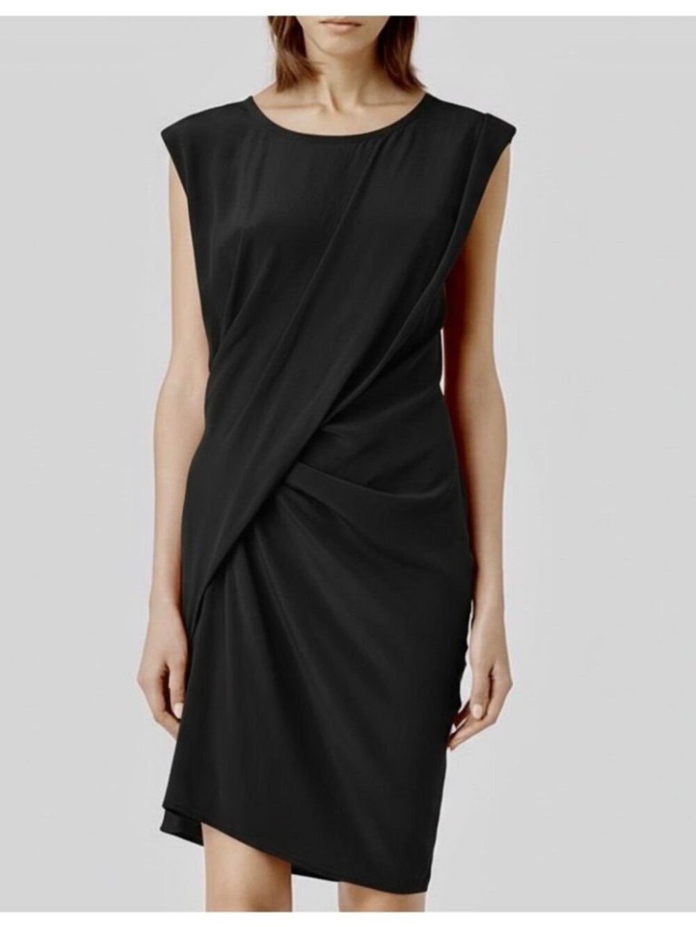 NWT All Saints Ayla SE Dress Silk Black Midi Sheath Asymmetric US 2